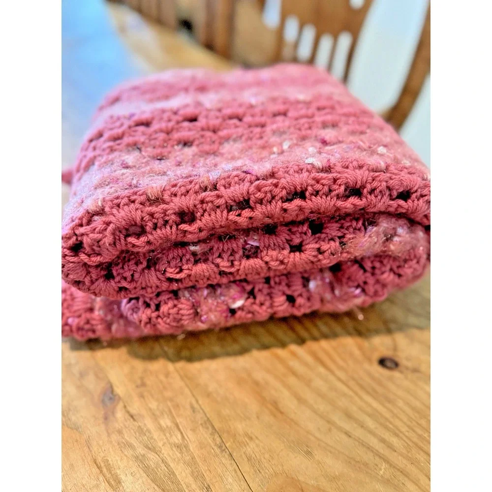 Vtg Crochet Wool Blend Pink Throw Blanket With Sparkle Accents Square 44